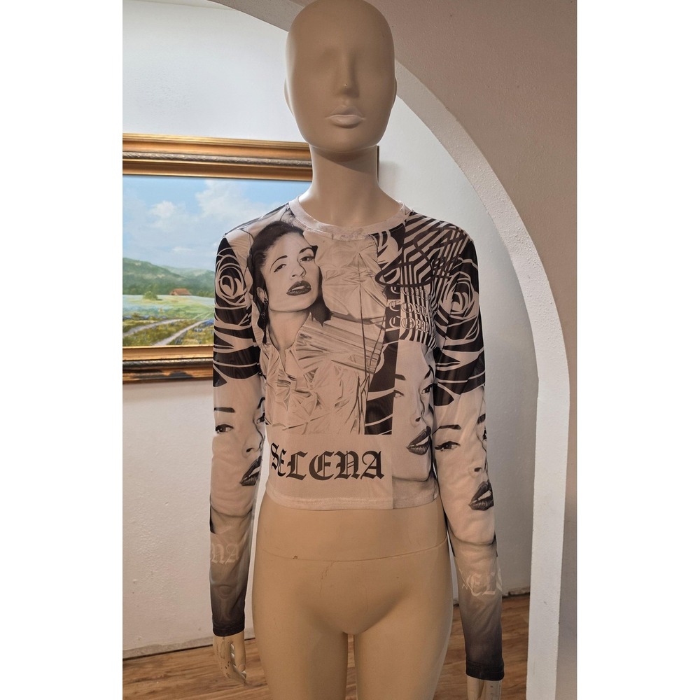 Selena Womens Large White Mesh Long Sleeve Sheer Crop Top Graphic Tee